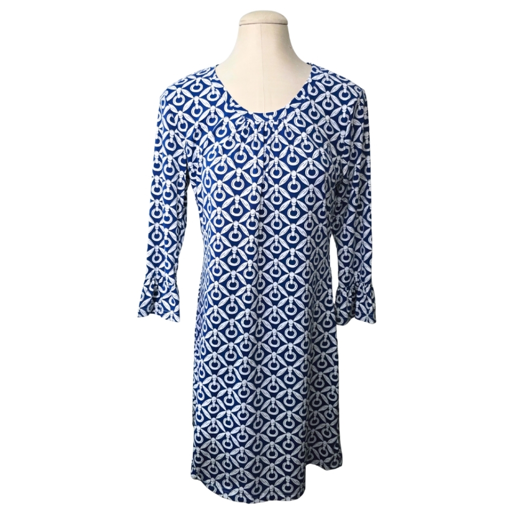 BARBARA GERWIT Equestrian Pattern Scoop Neck Flounce Sleeve Dress Large